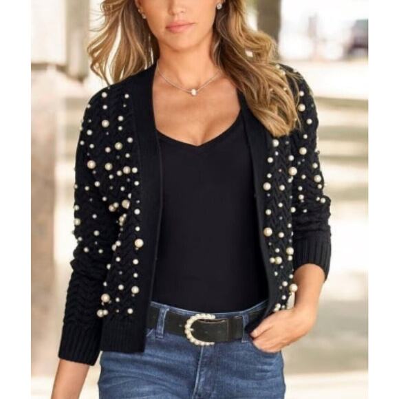 Boston Proper Pearl Embellished Cable Cardigan ~Black ~Brand New Without Tags - Picture 1 of 2
